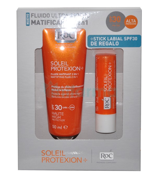 ROC SOLEIL FLUIDO MATIFICANTE 2 EN 1 SPF 30 HIDRATACION LABIAL ATERCIOPELADA SPF 30 50 ML+ STICK